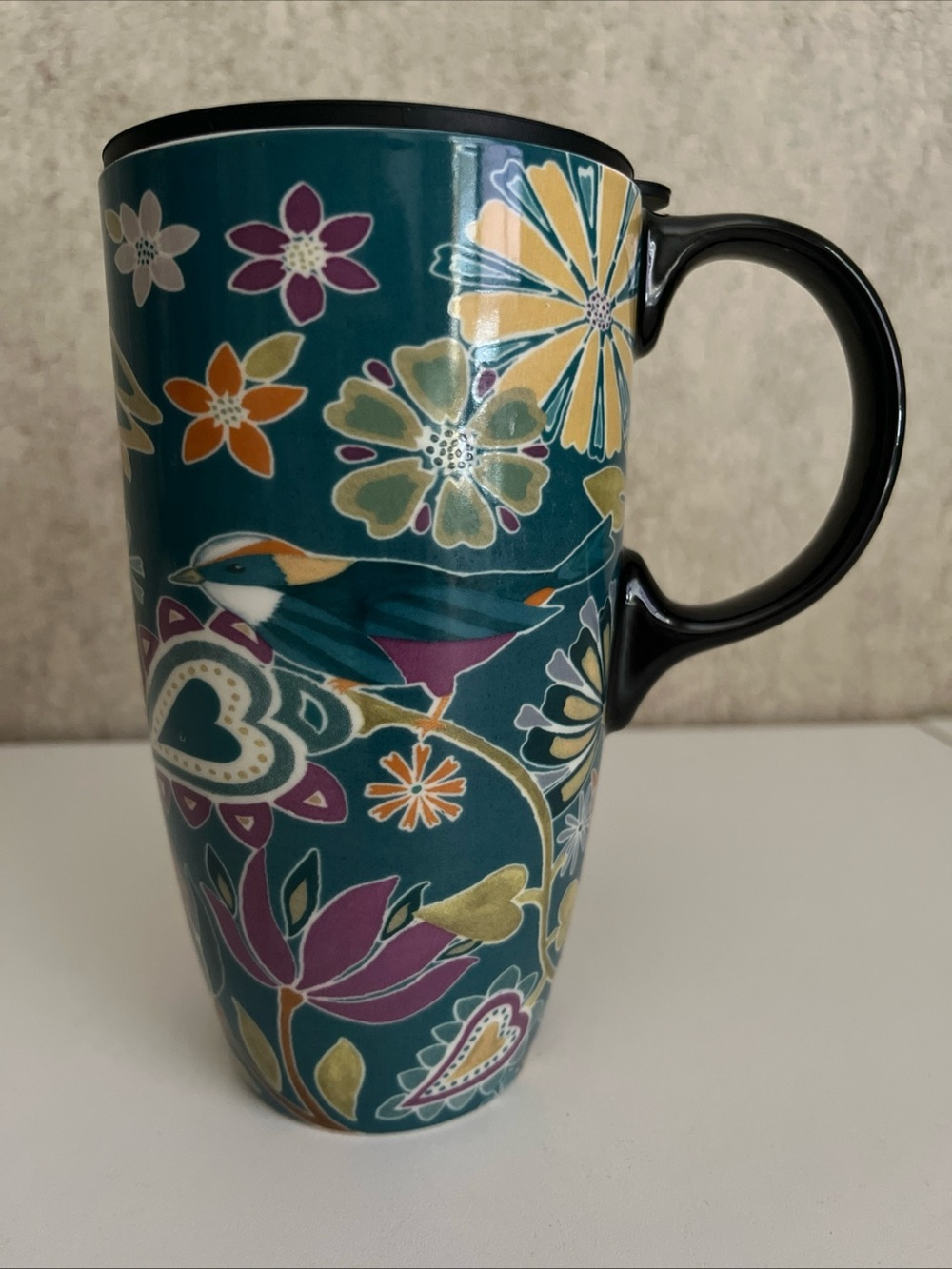 Topadorn Ceramic Mug Teal Folk Art Floral Coffee Cup Floral Symphony Bird EC